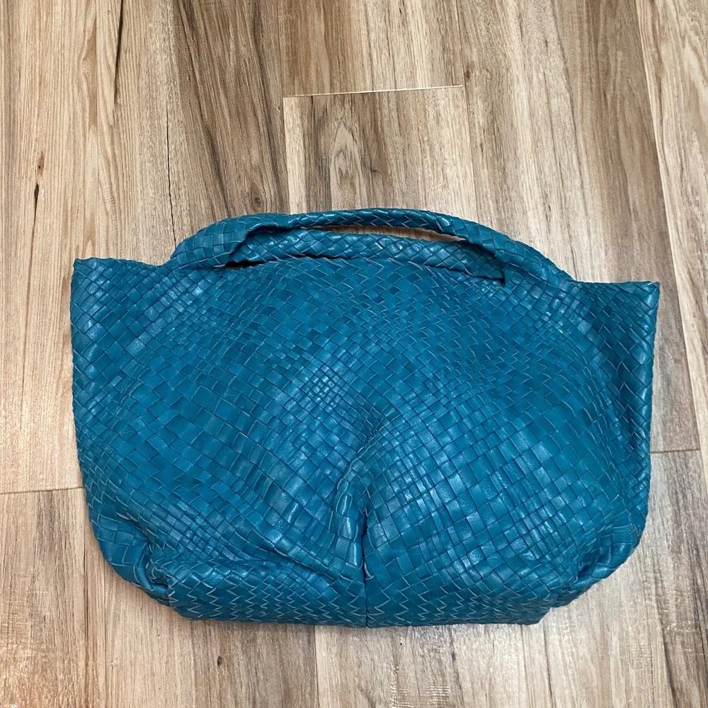 FALOR WOVEN ITALIAN SUPPLE LEATHER HANDBAG ITALIA TEAL W/ COIN POUCH ELEGANT EUC - Picture 1 of 14
